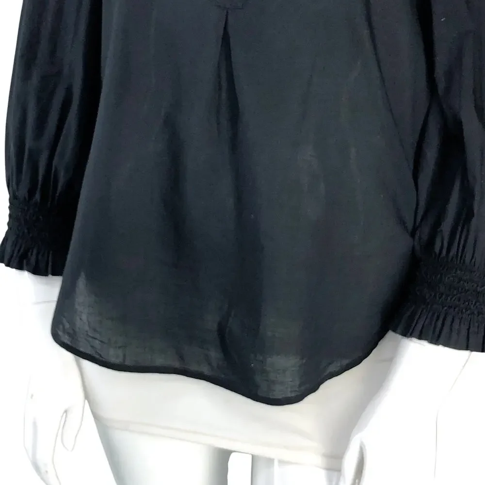 Tuckernuck Blouse Womens L Ruffle High Neck Puff Sleeve Smocked Cuff Black